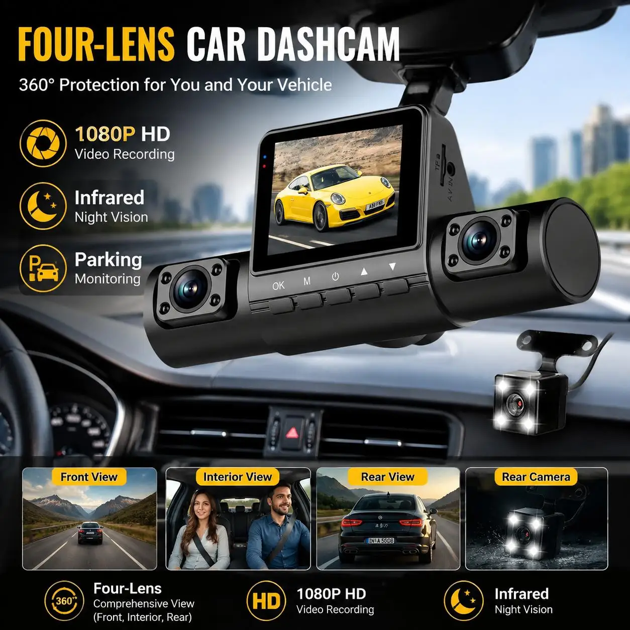 4 Lens Dash Cam 1080P Full HD 360 Loop Recording - Image 2