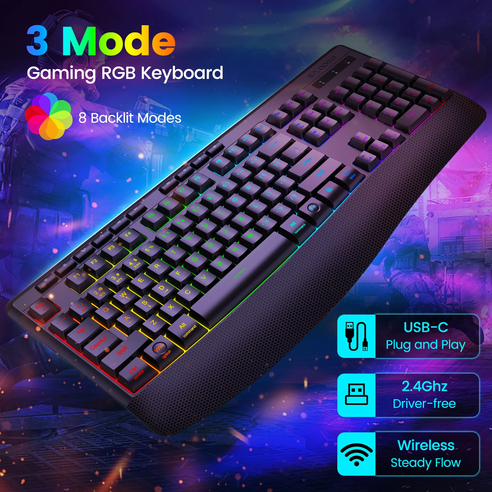 Tri-Mode Wireless Gaming Keyboard, Backlit, Ergonomic - Image 7