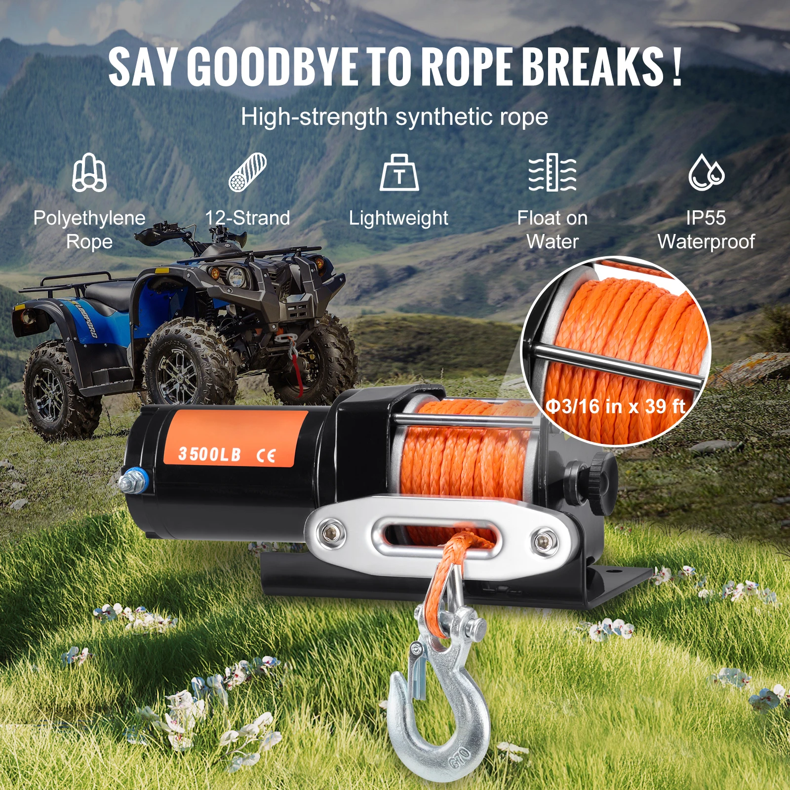 3500lbs Electric Winch ATV/UTV - 39 ft  Rope - Image 4