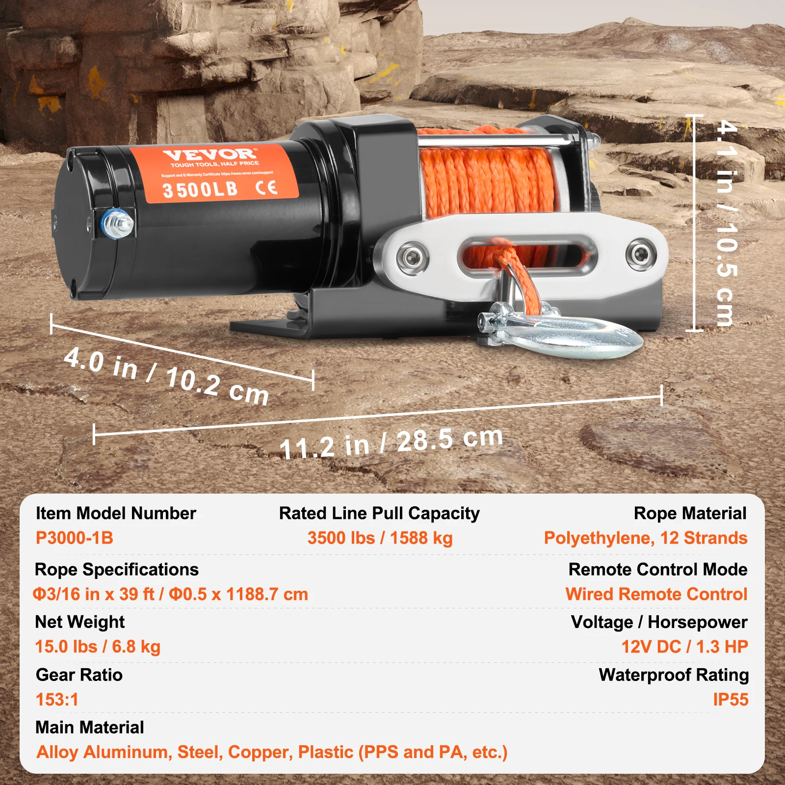 3500lbs Electric Winch ATV/UTV - 39 ft  Rope - Image 7