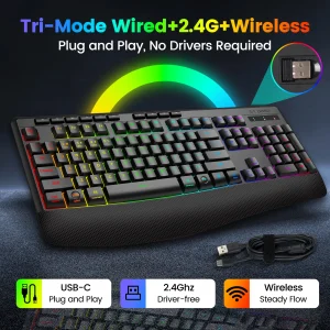 Tri-Mode Wireless Gaming Keyboard, Backlit, Ergonomic - Thumbnail Image 2