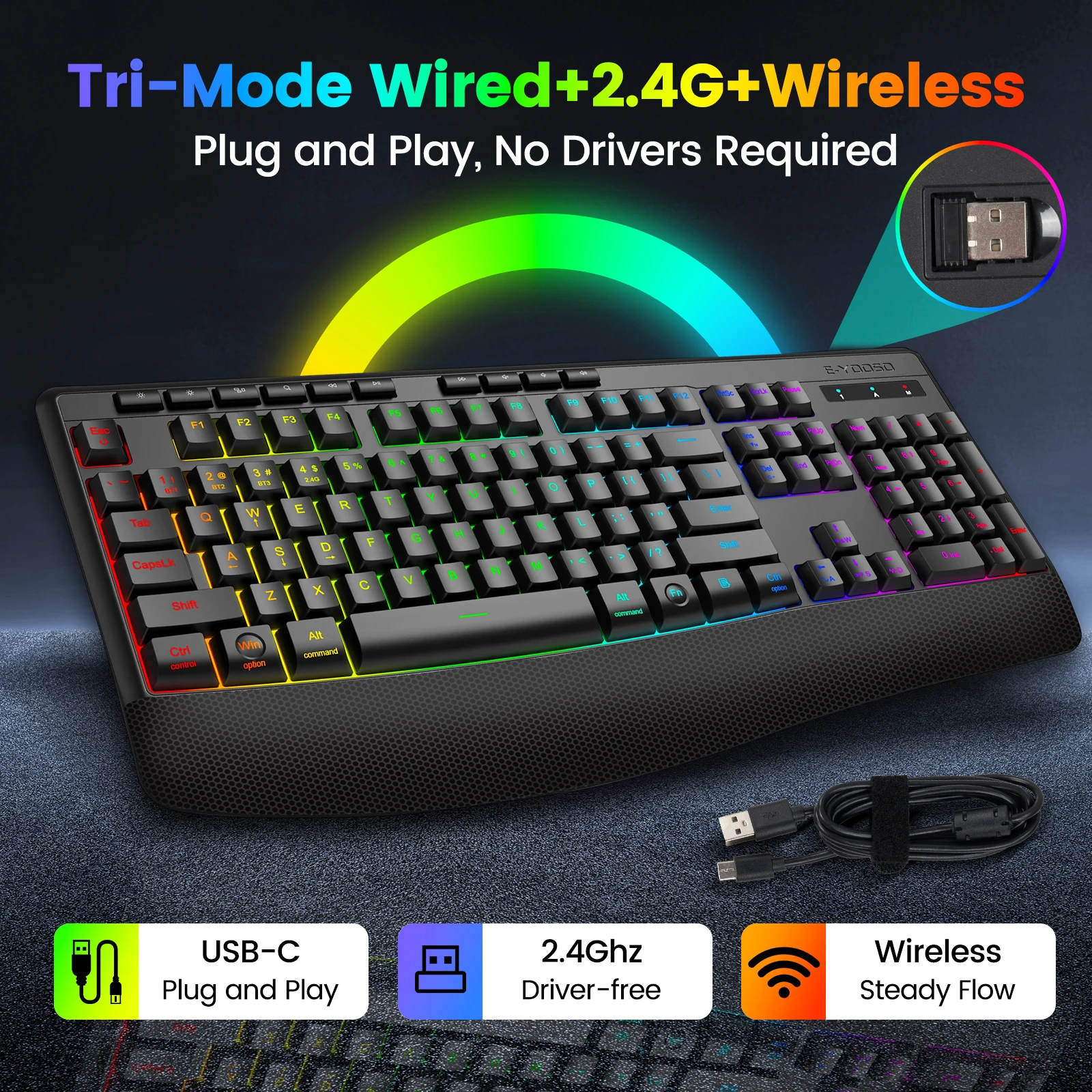Tri-Mode Wireless Gaming Keyboard, Backlit, Ergonomic - Image 2