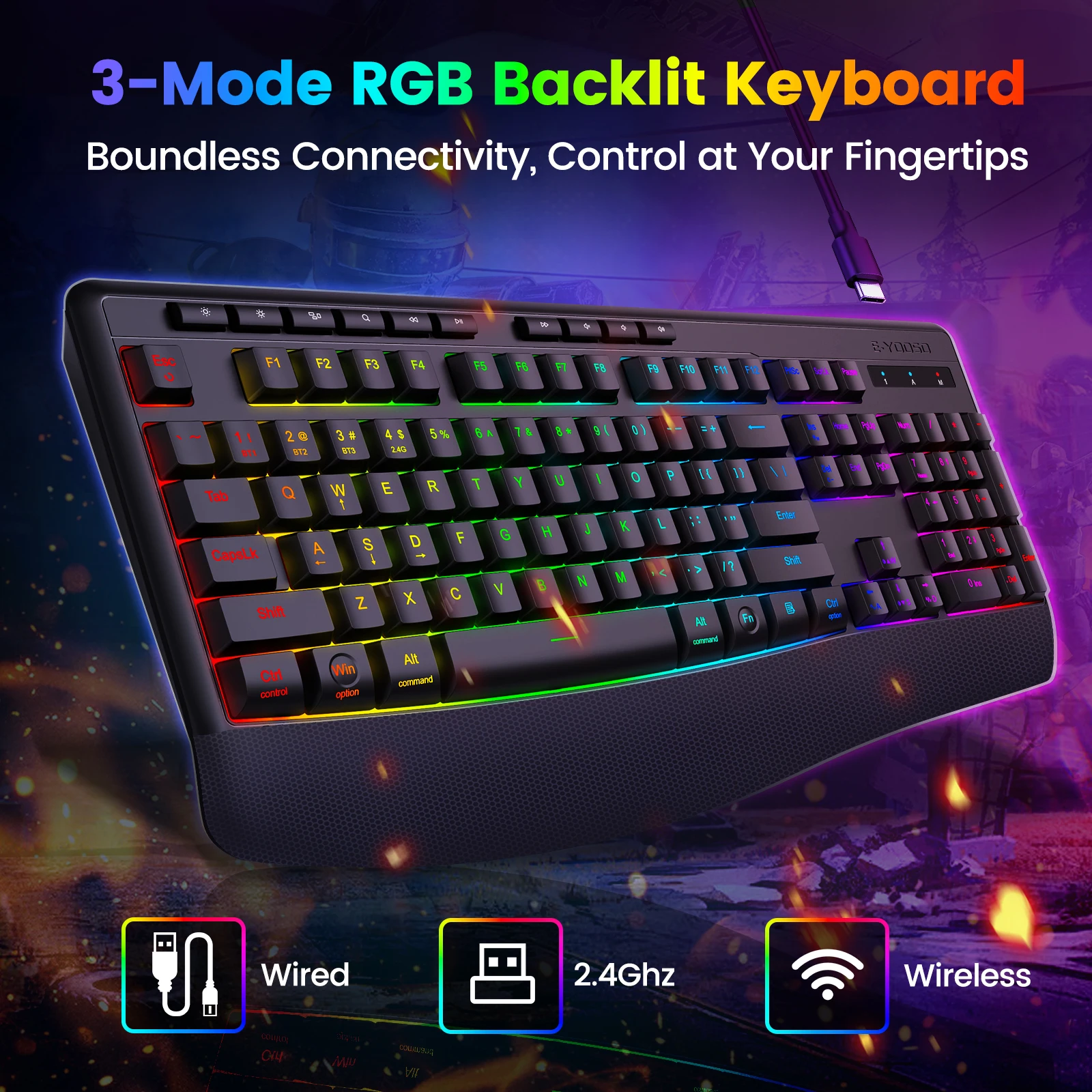 Tri-Mode Wireless Gaming Keyboard, Backlit, Ergonomic - Image 6