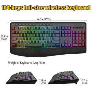 Tri-Mode Wireless Gaming Keyboard, Backlit, Ergonomic - Thumbnail Image 3
